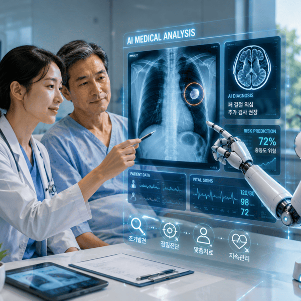 AI 의료 성장과 환자·투자자의 변화를 보여주는 의료 AI 진단과 로봇 이미지