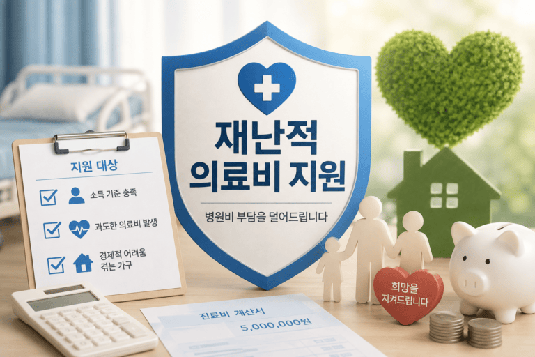 재난적 의료비 지원으로 감당하기 어려운 병원비 부담을 줄이고 가정의 자산을 지키는 모습을 표현한 이미지