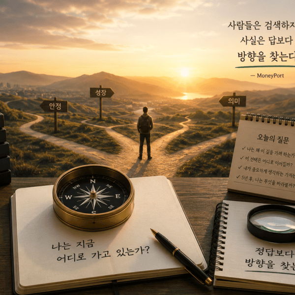 삶의 갈림길에서 나침반으로 방향을 찾는 모습을 표현한 질문노트 007 대표이미지 - 자산관리 머니포트