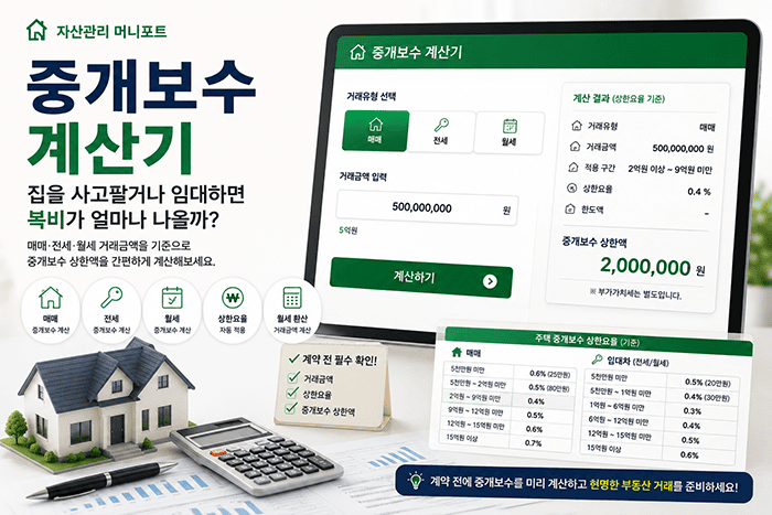 중개보수 계산기로 주택 매매 전세 월세의 복비를 계산하는 이미지 | 자산관리 머니포트
