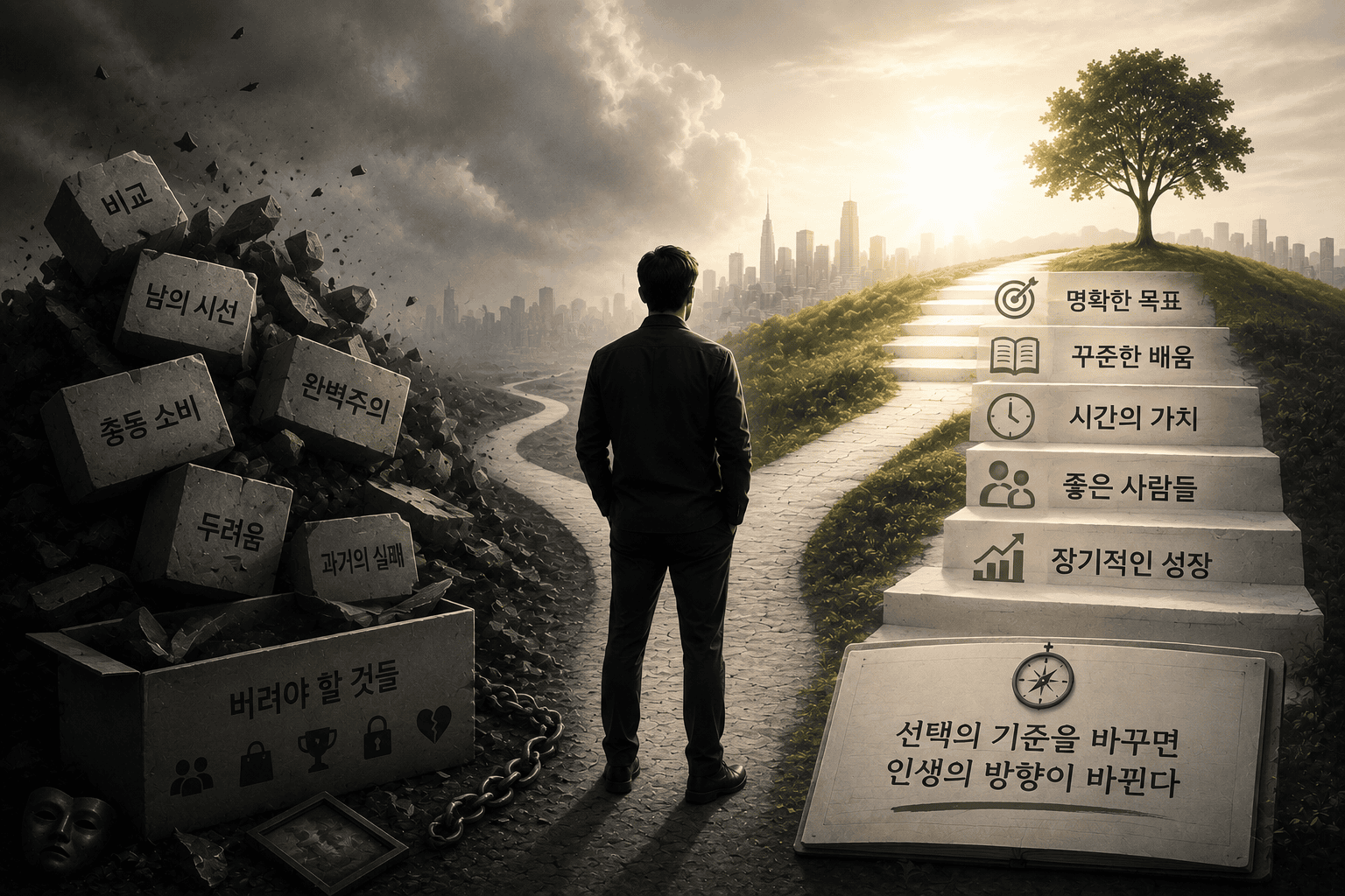 부자가 되는 길 | 부자가 되려면 가장 먼저 무엇을 버려야 할까? 돈보다 중요한 선택의 기준 어두운 길과 밝은 길의 갈림길 앞에 선 한 사람과, 버려야 할 것들과 성장의 가치를 상징적으로 표현한 모노톤 콘셉트 이미지