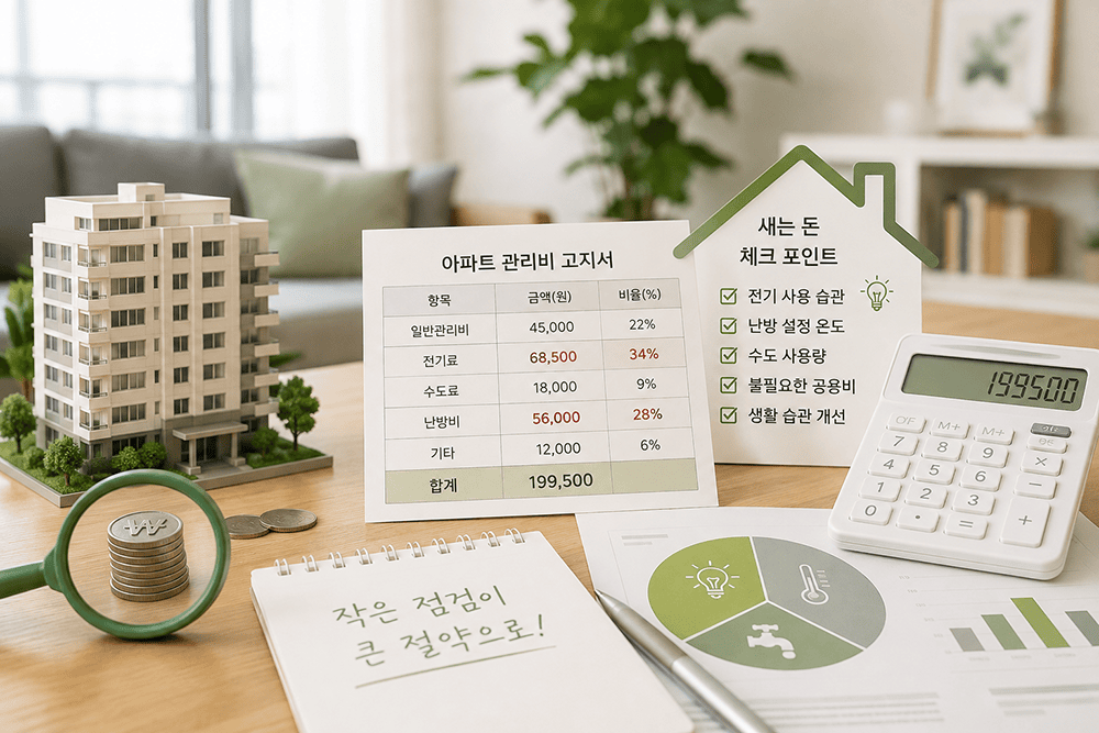 아파트 관리비 고지서와 계산기를 보며 전기 수도 난방 등 생활비를 점검하는 이미지