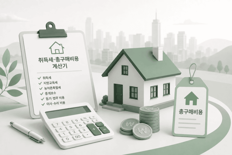 취득세 총구매비용 계산기를 상징하는 주택과 계산기, 세금 항목 이미지