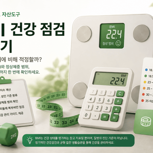 BMI 건강 점검 계산기를 상징하는 체중계와 줄자, 건강 관리 이미지