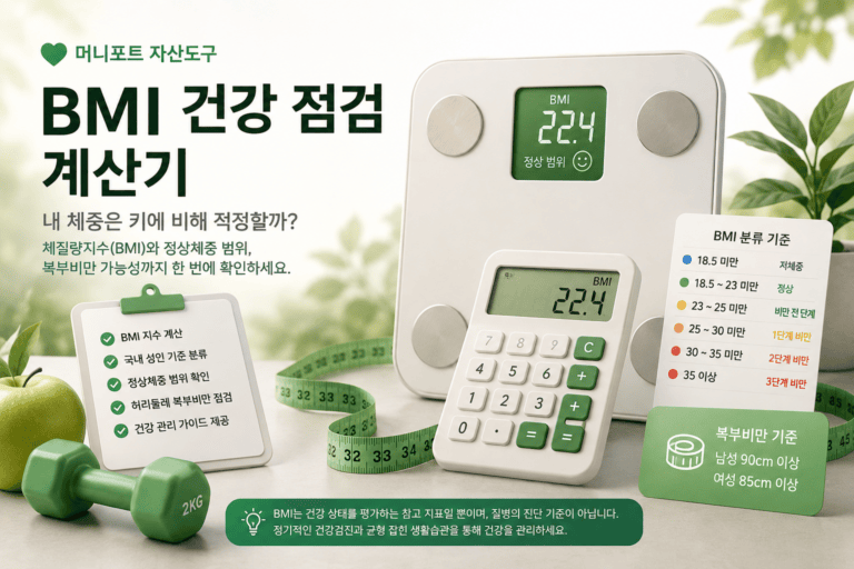 BMI 건강 점검 계산기를 상징하는 체중계와 줄자, 건강 관리 이미지