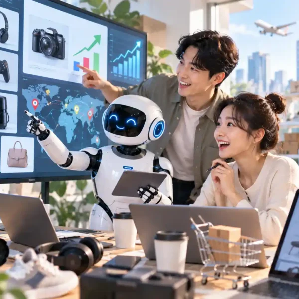 AI 중고상품 가격 차이를 분석해 재판매할 상품을 찾는 젊은 판매자와 AI 로봇