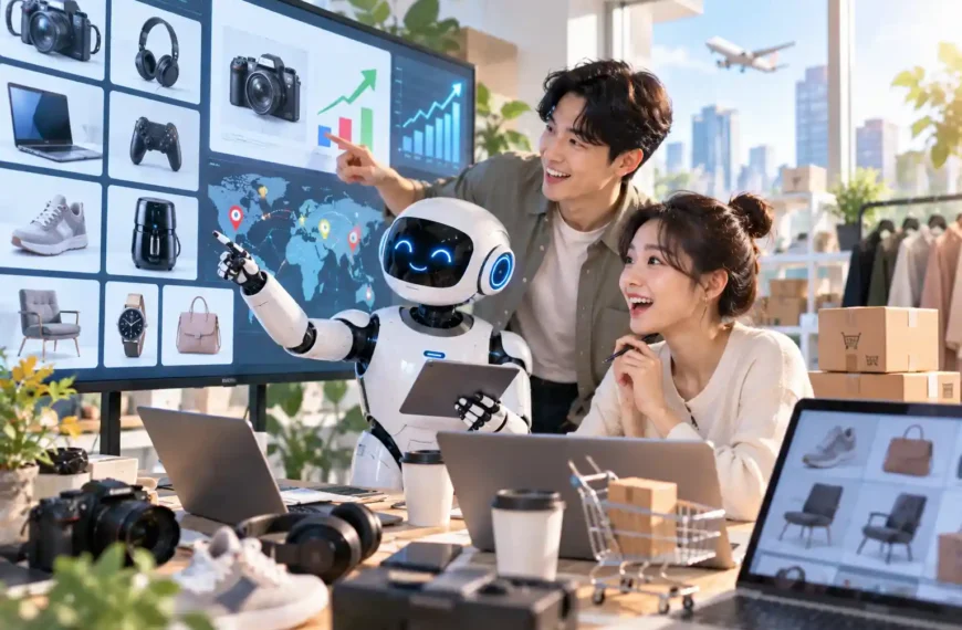 AI 중고상품 가격 차이를 분석해 재판매할 상품을 찾는 젊은 판매자와 AI 로봇