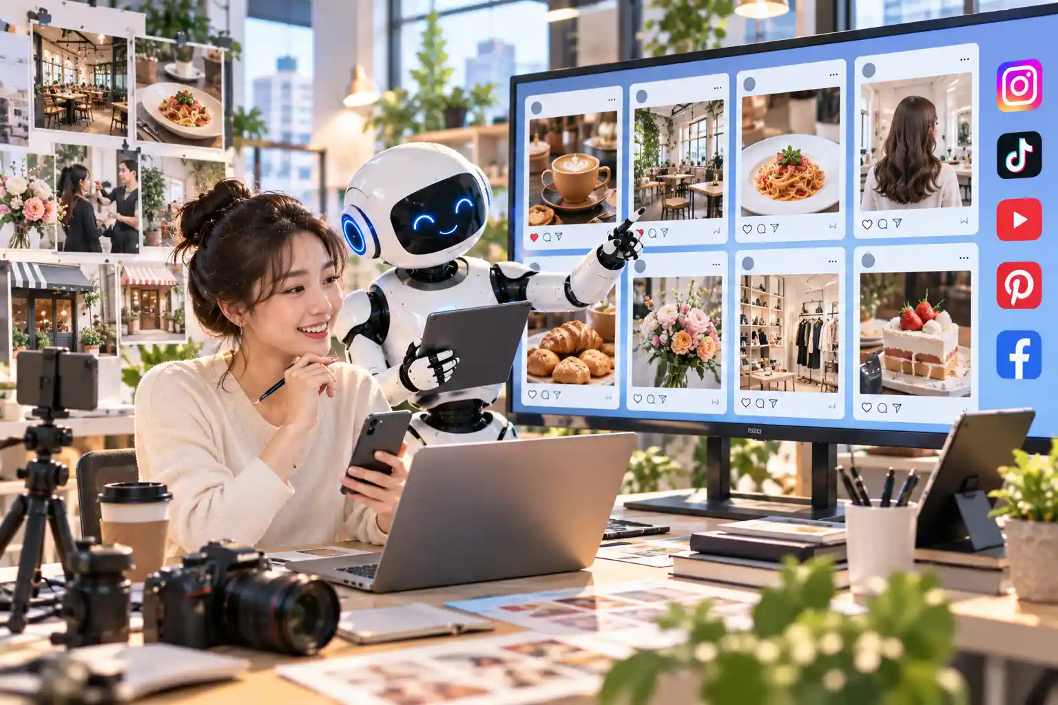 AI SNS 대행으로 동네 가게 인스타그램을 관리하는 젊은 1인 사업자와 AI 로봇