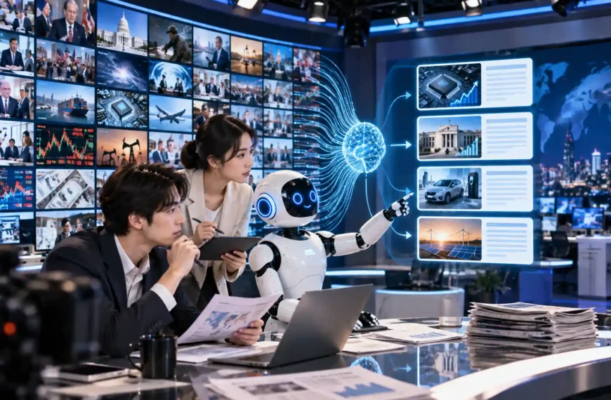 AI 뉴스 분석으로 매일 수백 개의 뉴스에서 핵심 정보를 찾는 젊은 분석가와 AI 로봇