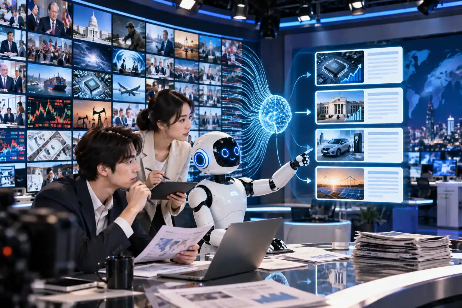 AI 뉴스 분석으로 매일 수백 개의 뉴스에서 핵심 정보를 찾는 젊은 분석가와 AI 로봇