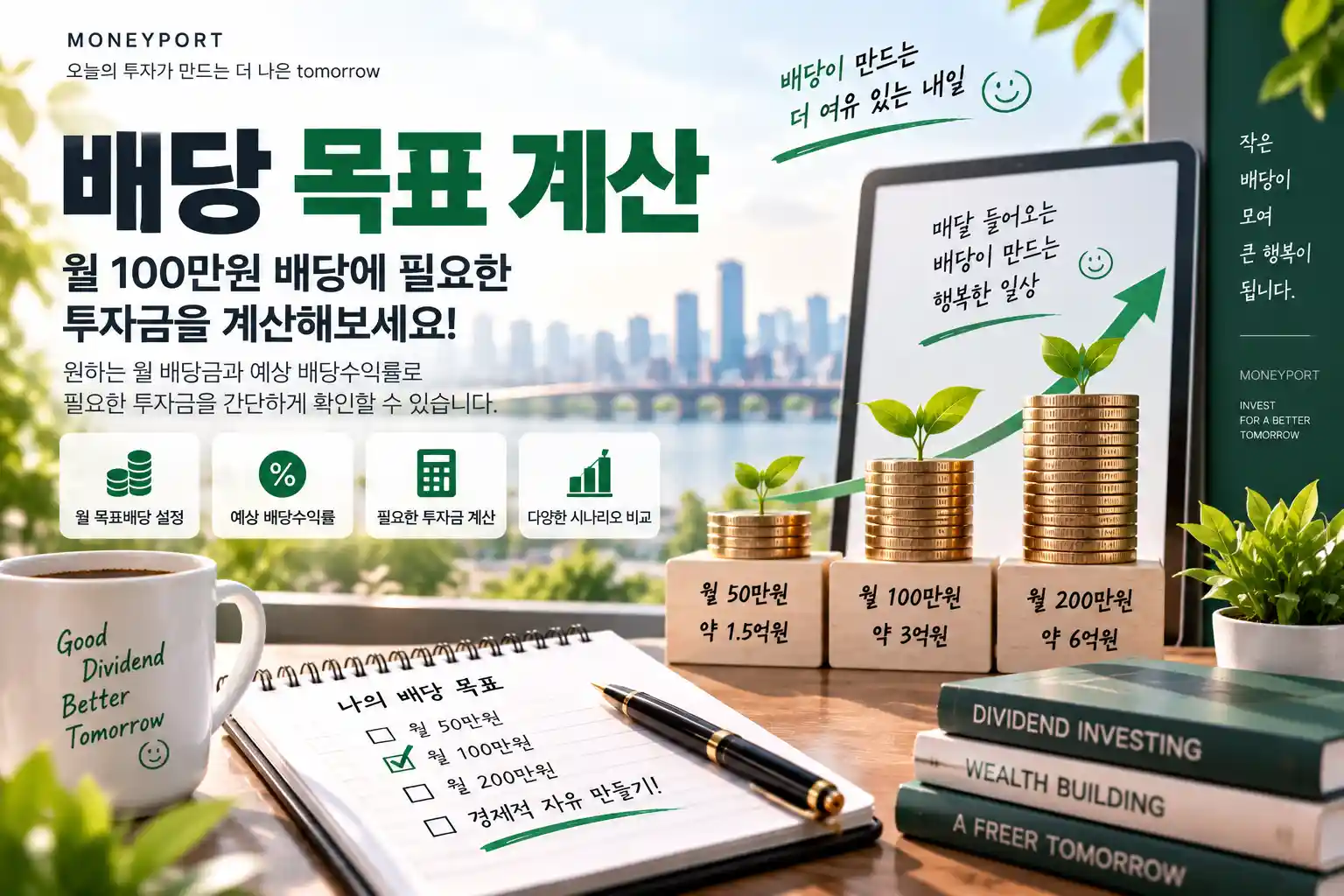 배당 목표 계산으로 월 100만원 배당에 필요한 투자금을 확인하는 이미지 | 자산관리 머니포트