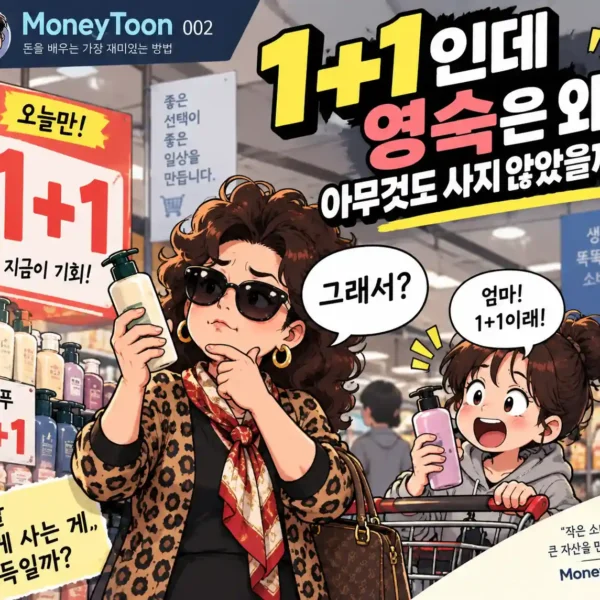 1+1 할인 행사에서 물건을 사지 않는 짠순이 영숙 MoneyToon