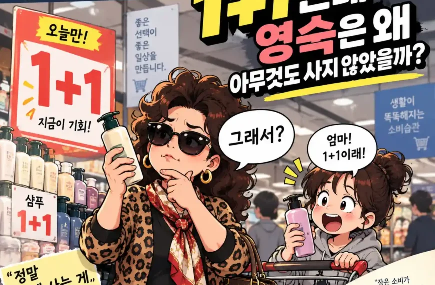1+1 할인 행사에서 물건을 사지 않는 짠순이 영숙 MoneyToon