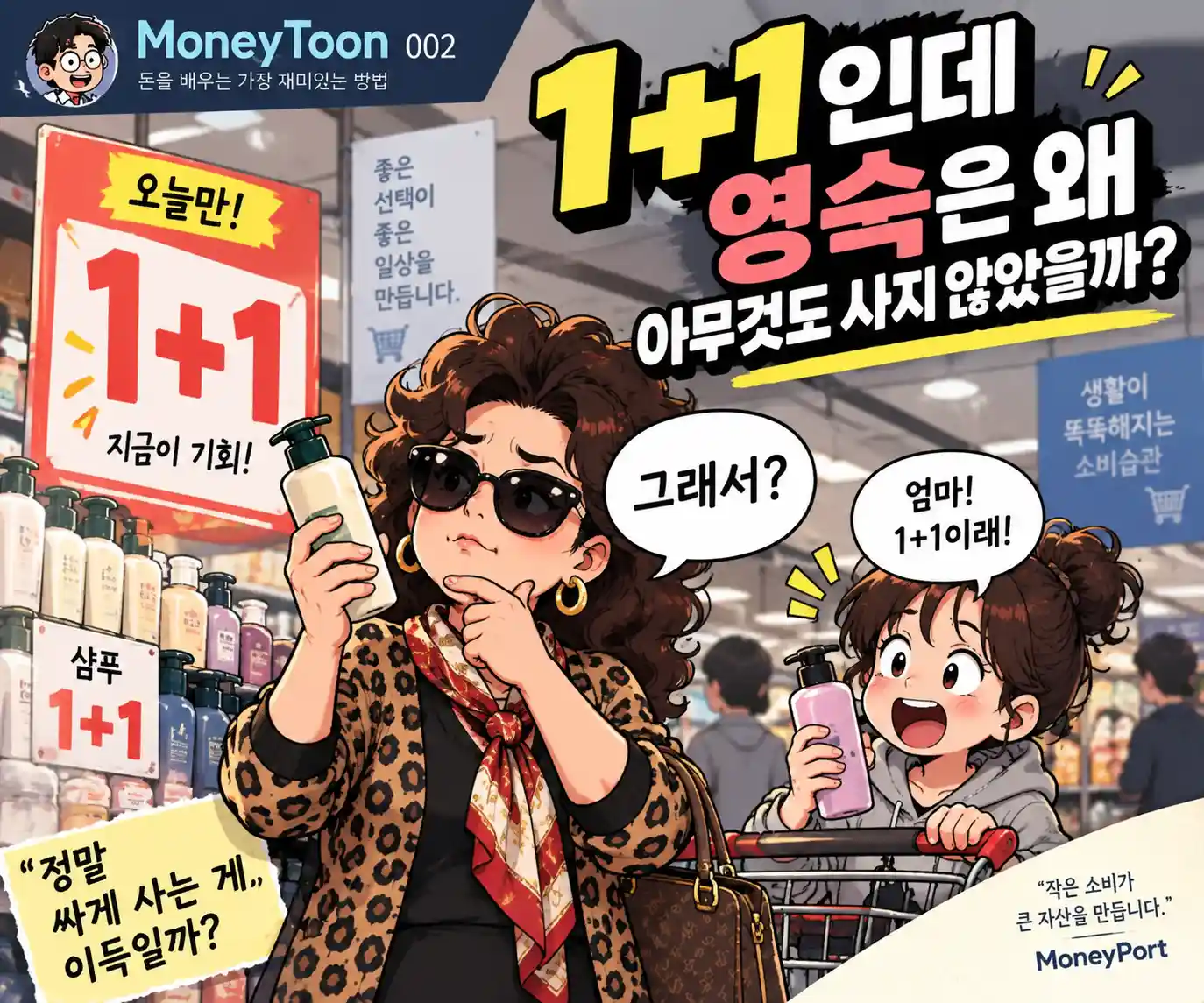 1+1 할인 행사에서 물건을 사지 않는 짠순이 영숙 MoneyToon