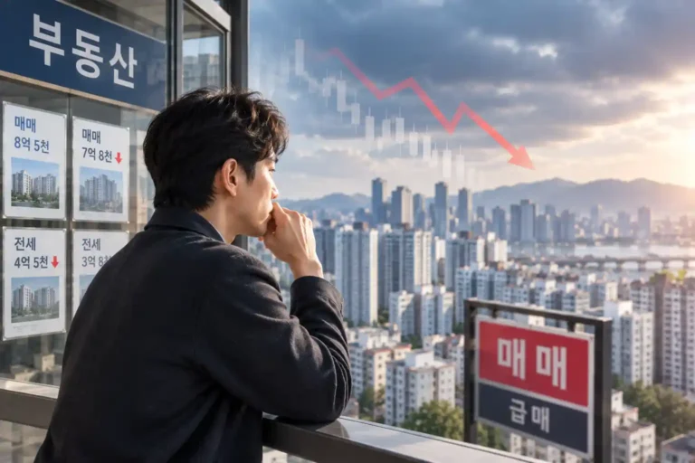 하락장에서 집값과 가치를 비교하며 부동산 투자 기회를 판단하는 투자자 | 자산관리 머니포트