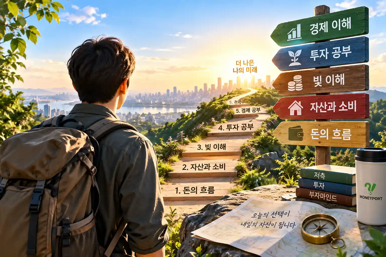 돈의 흐름부터 자산과 투자까지 올바른 돈 공부의 길을 찾아가는 사람을 상징적으로 표현한 이미지 | 자산관리 머니포트