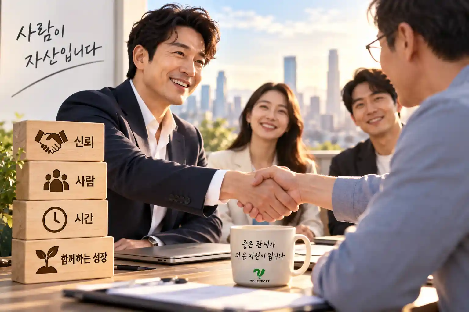 수많은 사람 가운데 돈과 지위보다 신뢰할 수 있는 관계를 선택하는 모습을 상징적으로 표현한 이미지 | 자산관리 머니포트