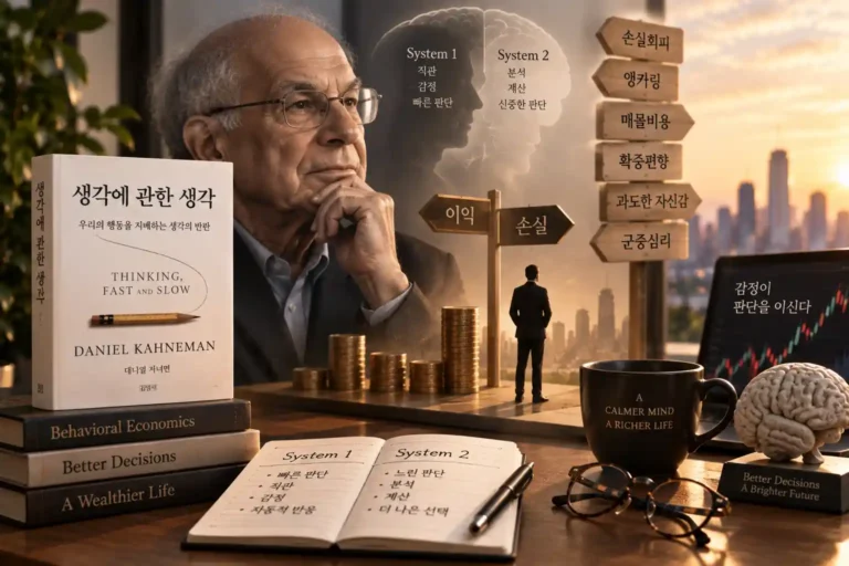 대니얼 카너먼과 손실회피·앵커링 등 돈 앞에서 반복되는 인간의 판단 오류를 상징적으로 표현한 이미지 | 자산관리 머니포트